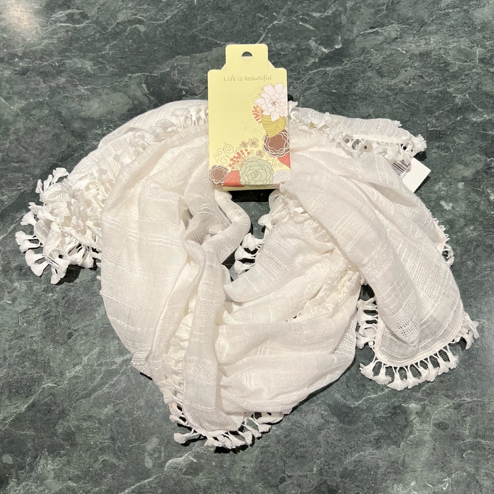 Life is Beautiful Scarf White Woven Viscose and Polyester NWT
